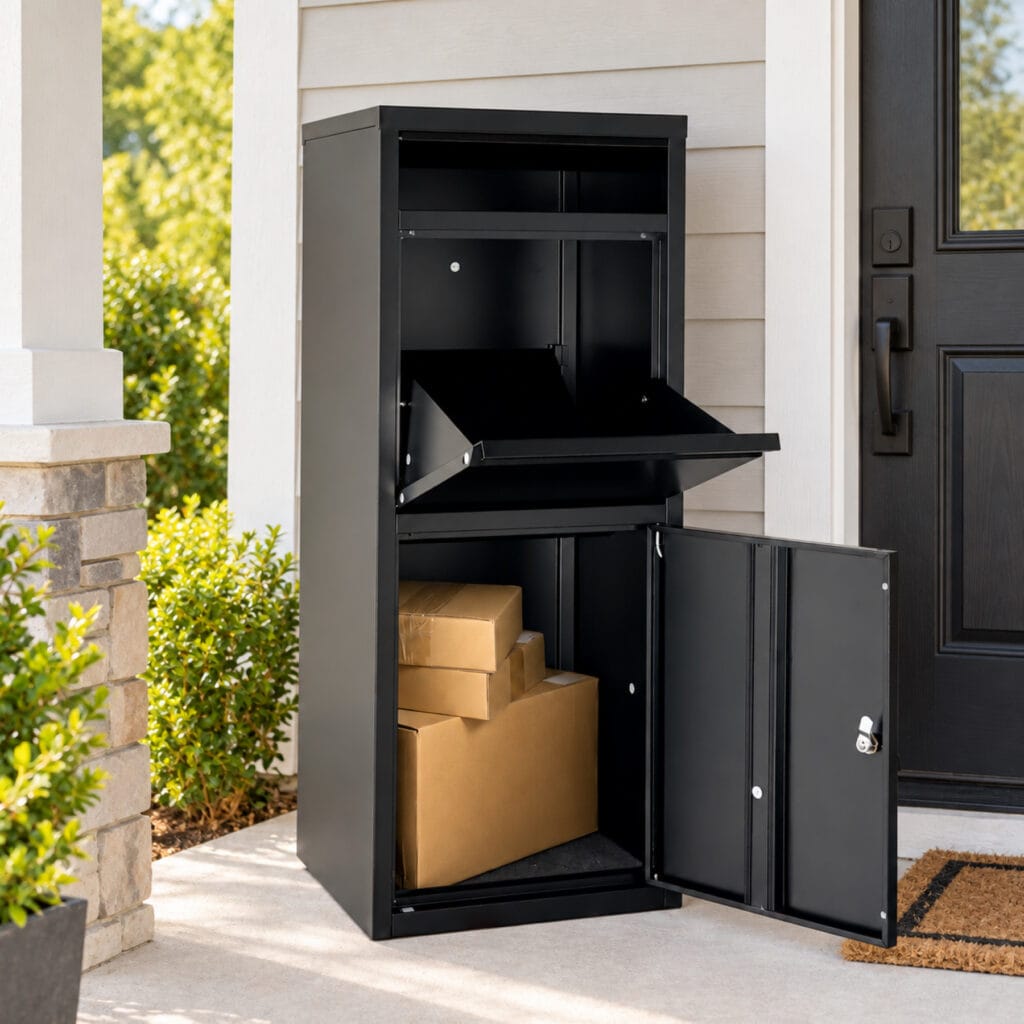 Black outdoor package delivery box with lockable parcel storage for front porch