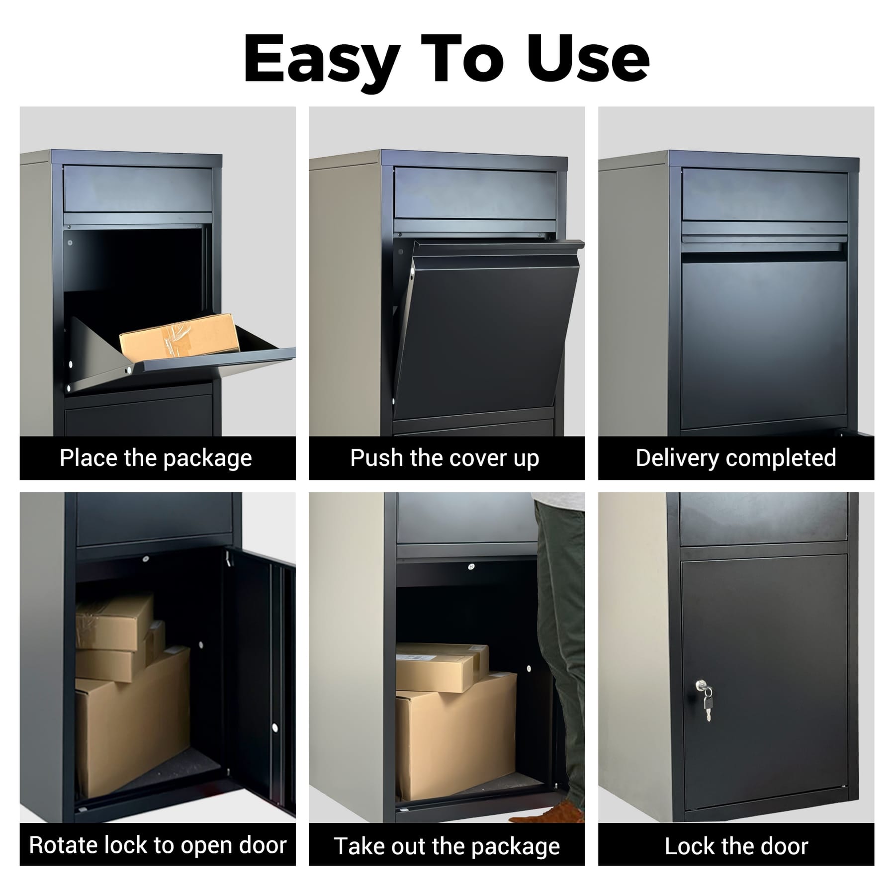 Step-by-step guide showing how to deposit, retrieve, and lock packages in an outdoor delivery box