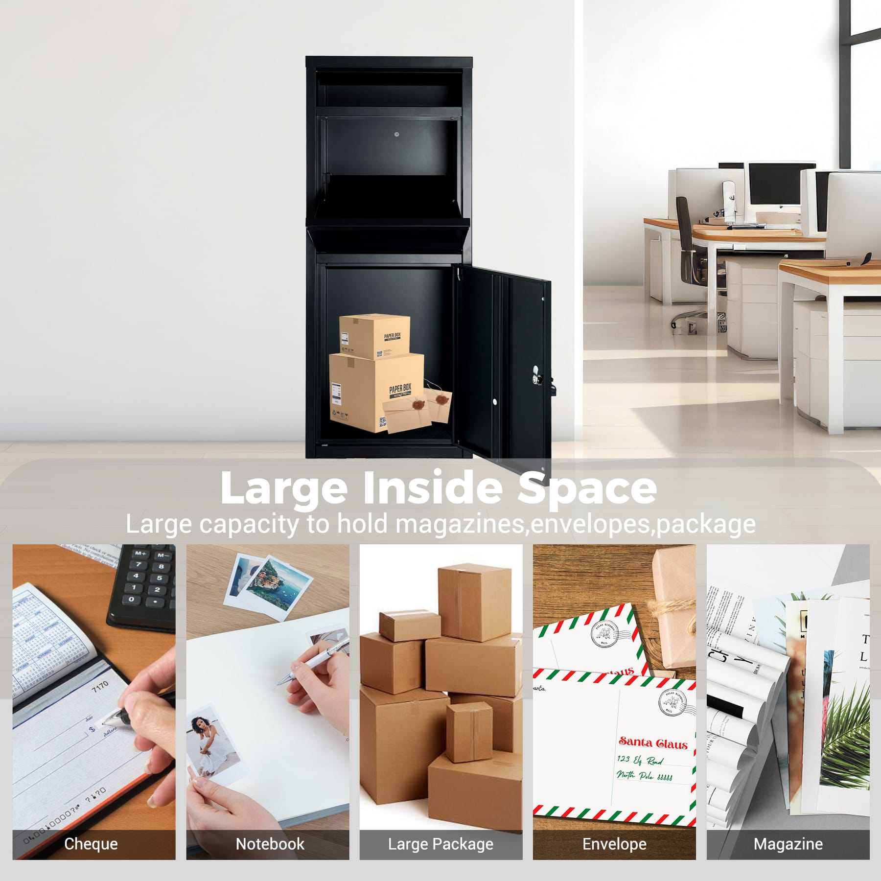 Black outdoor package delivery box showing interior storage for parcels, envelopes, magazines, and mail