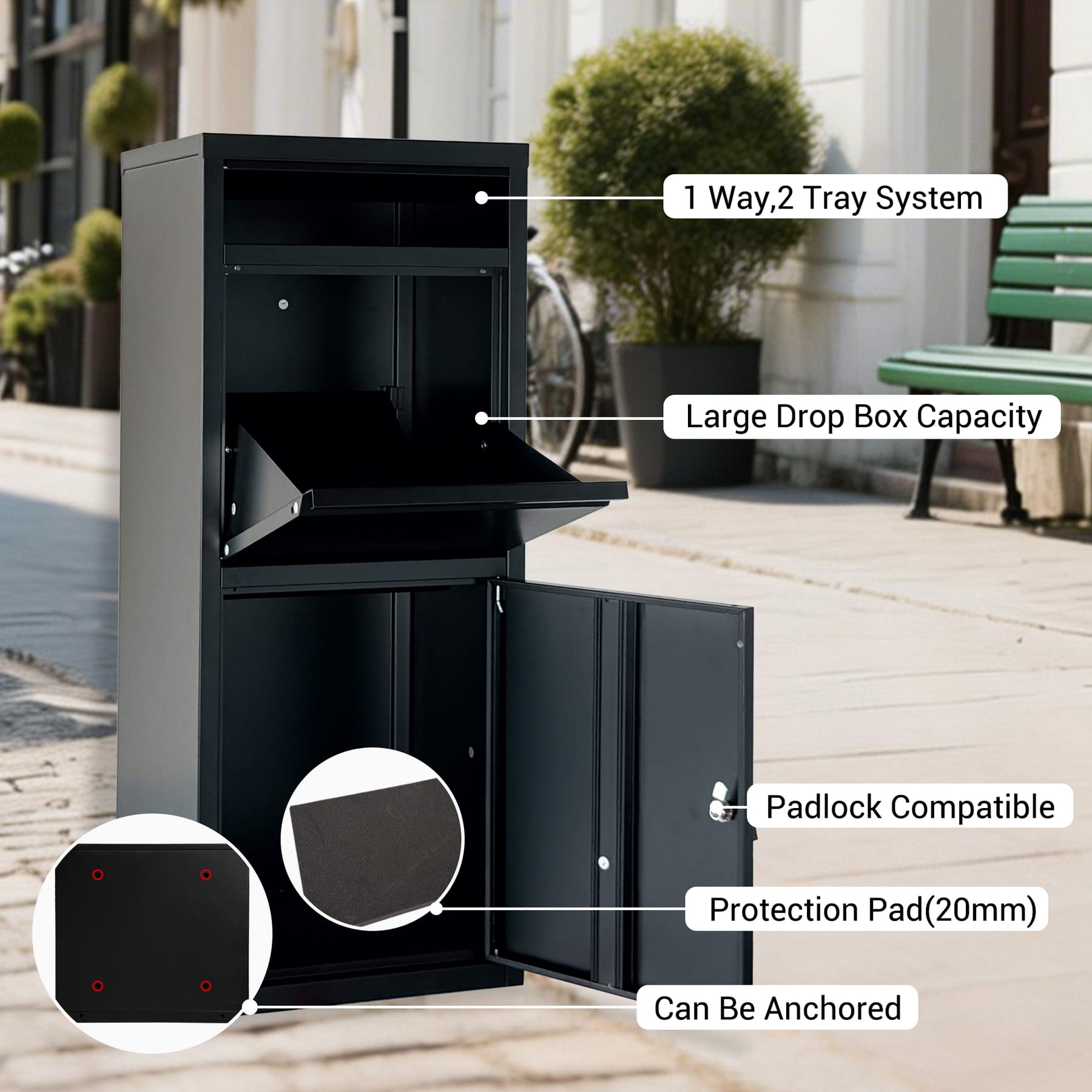Black outdoor package delivery box showing its dual-tray system, large parcel compartment, padlock compatibility, protective pad, and anchoring points