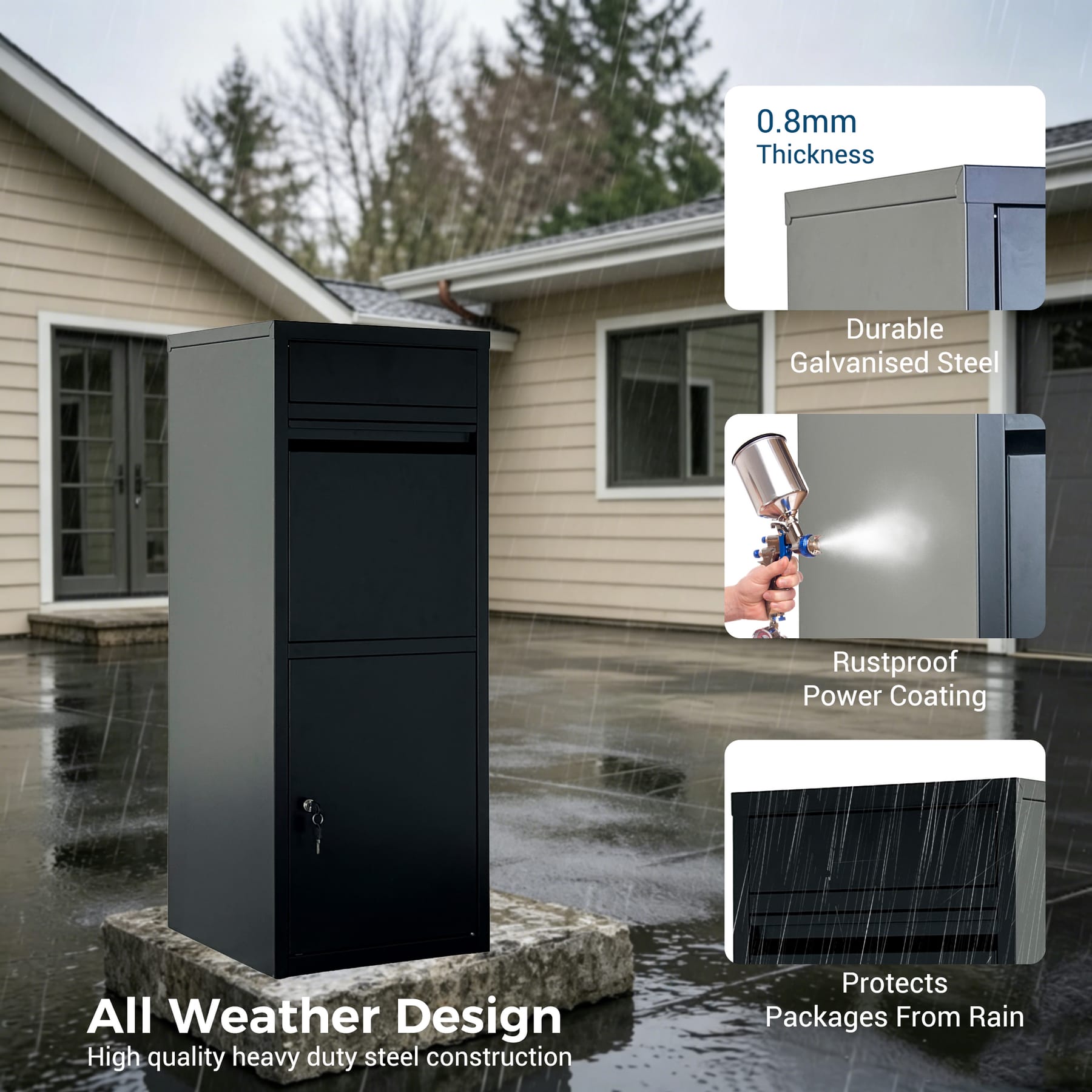 Outdoor package delivery box showing 0.8 mm steel construction, powder coating, and weather protection features