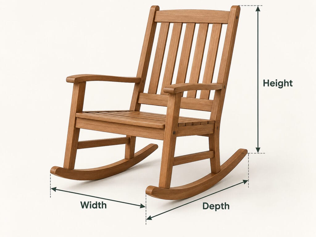 Outdoor wooden rocking chair dimensions showing overall width, depth and height, including curved runners