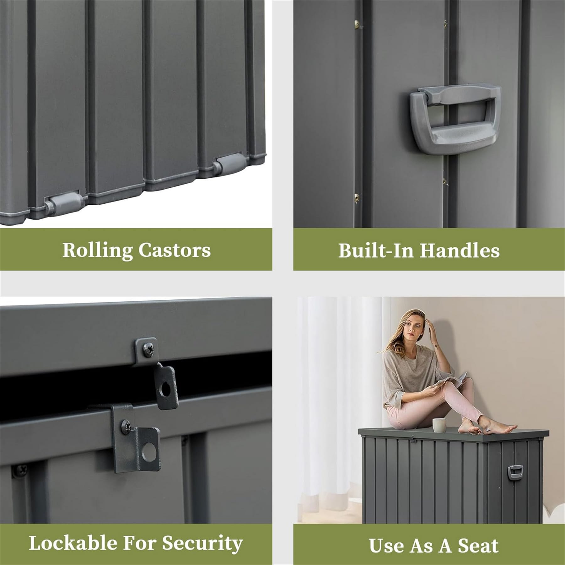 Outdoor steel storage deck box details showing rolling casters, built-in handles, lockable latch, and reinforced lid