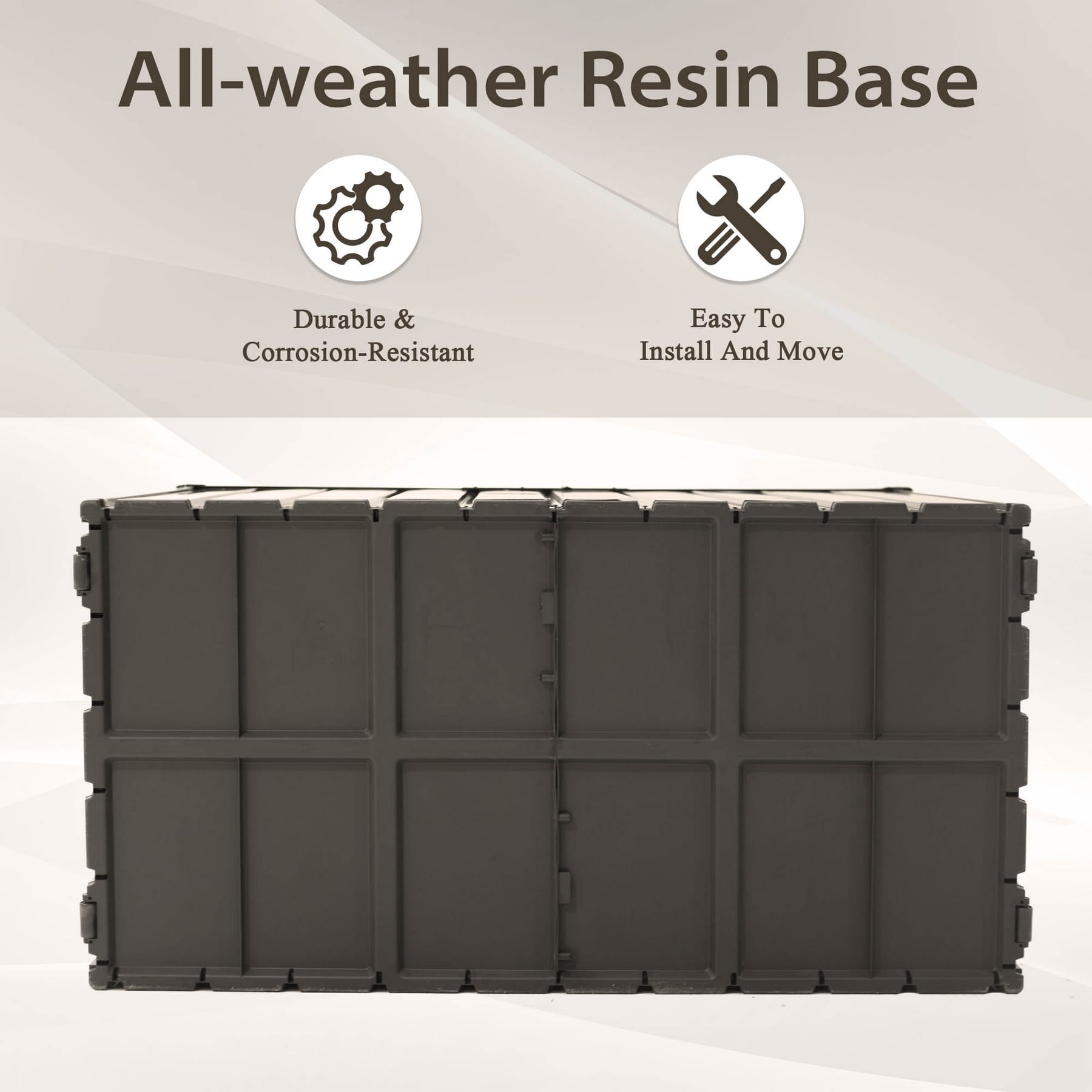 Outdoor storage deck box underside showing durable resin base construction