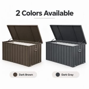 Outdoor steel storage deck box shown in Dark Brown and Dark Gray