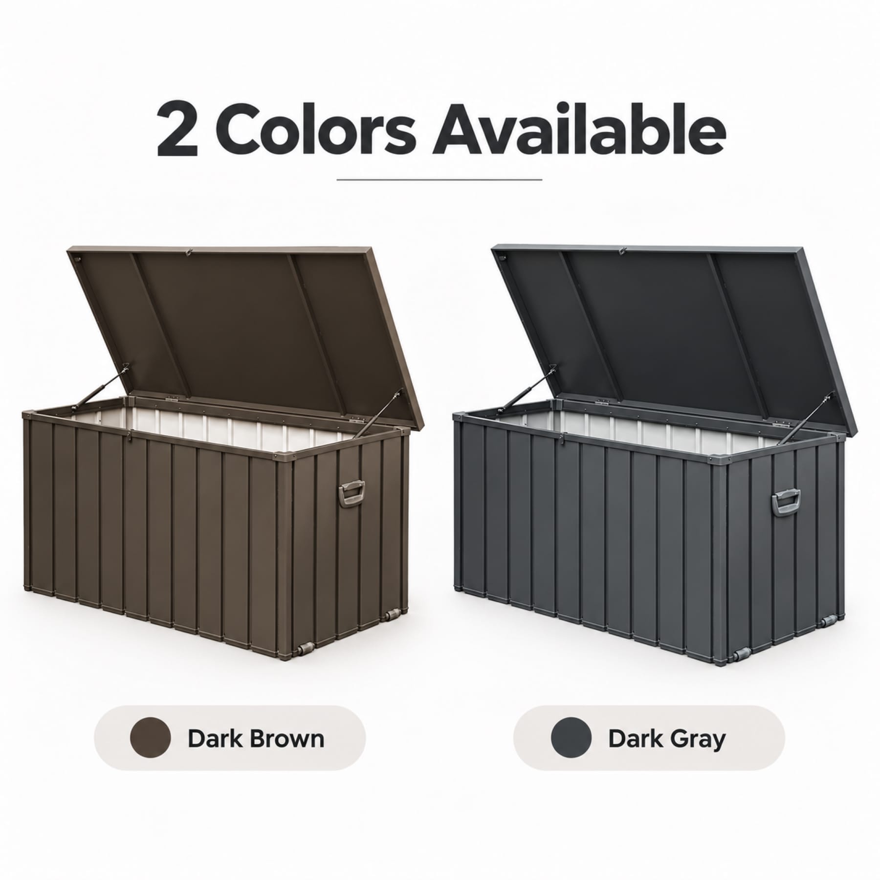 Outdoor steel storage deck box shown in Dark Brown and Dark Gray