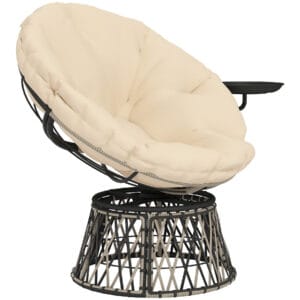 Side view of outdoor swivel papasan chair with beige cushion, PE wicker frame, and built-in side tray