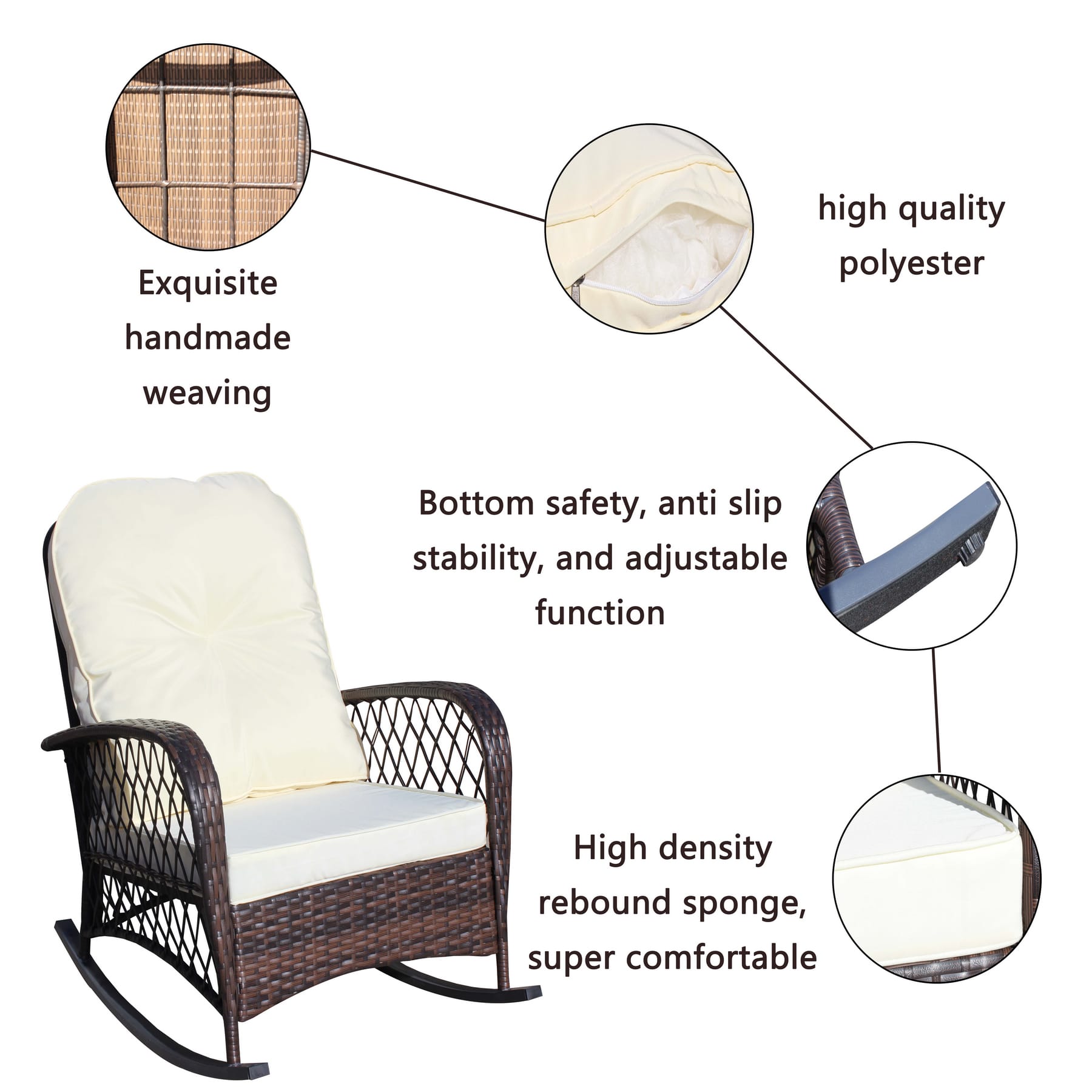 Outdoor wicker rocking chair detail view showing PE rattan, removable polyester cushion cover, rocking base, and thick seat cushion