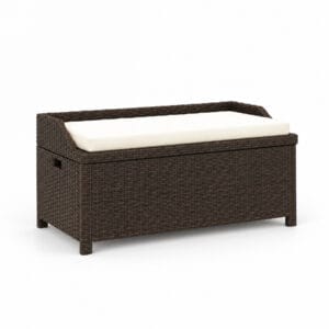 Brown outdoor wicker storage bench with cream white cushion on a white background