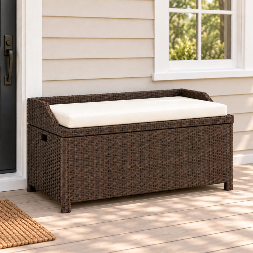 Brown outdoor wicker storage bench with cream white cushion on a covered front porch