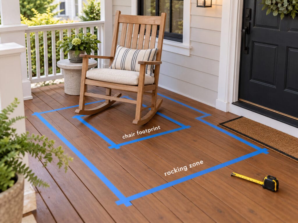 Painter's tape marking a rocking chair footprint and rocking clearance on a wooden front porch
