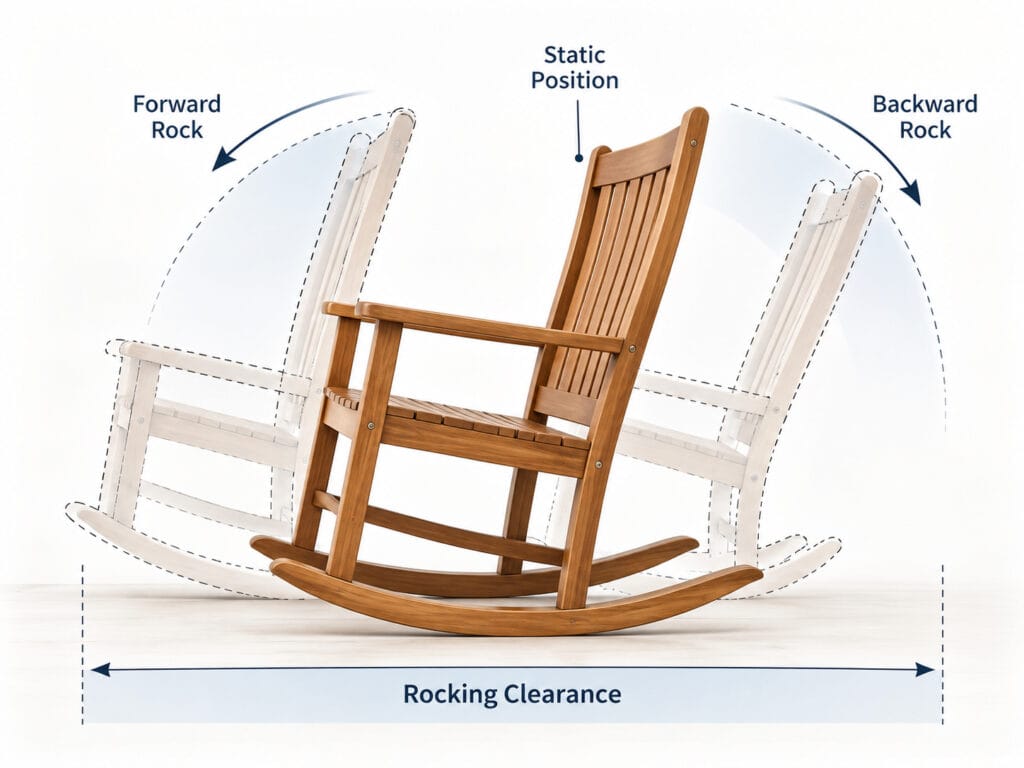 Outdoor rocking chair diagram showing static position and front-to-back rocking clearance