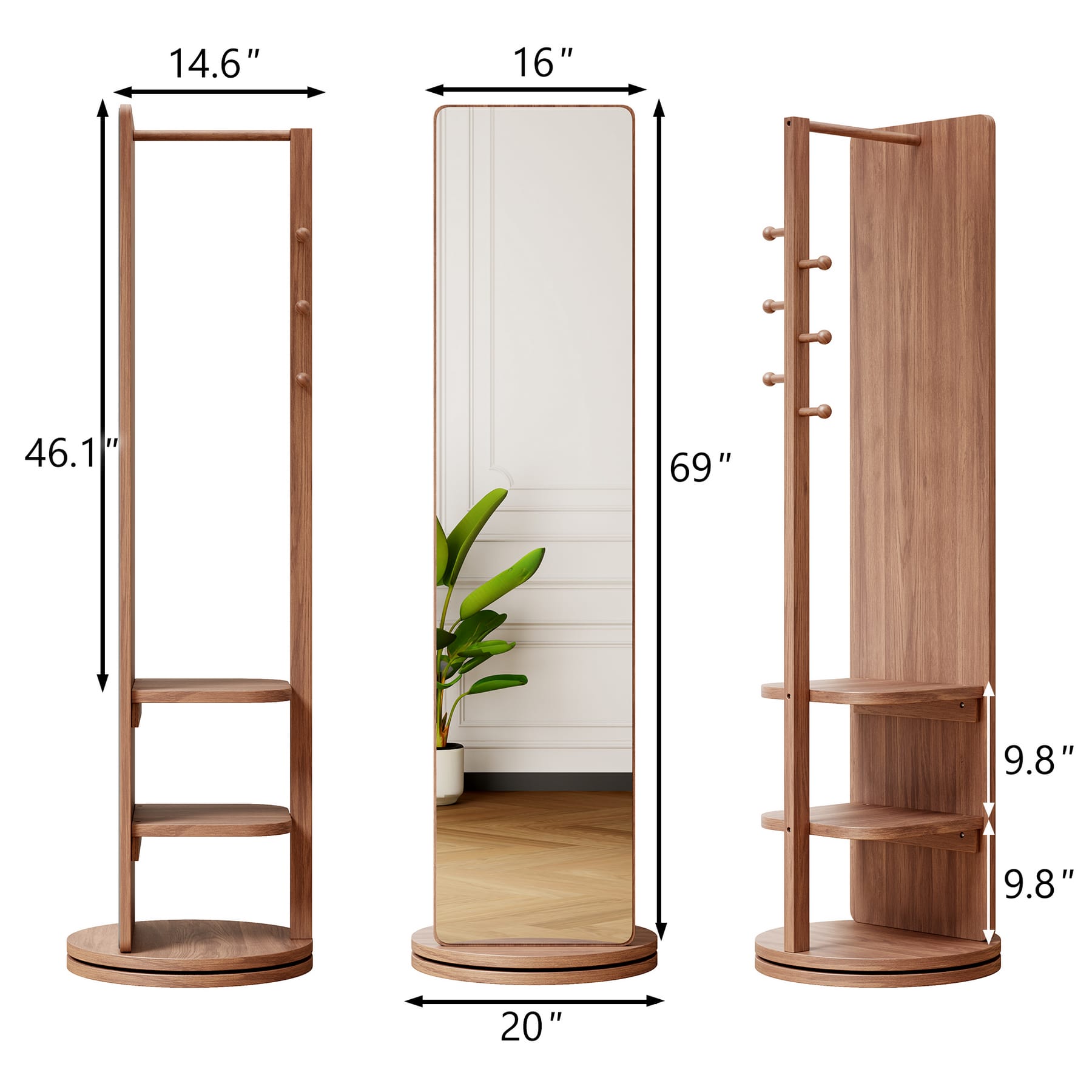 Rotating full-length mirror with coat rack dimensions showing overall height, width, depth, and mirror width