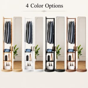 rotating-full-length-mirror-four-color-options Full-length mirror with coat rack shown in Walnut, Black, White, and Natural Wood color options