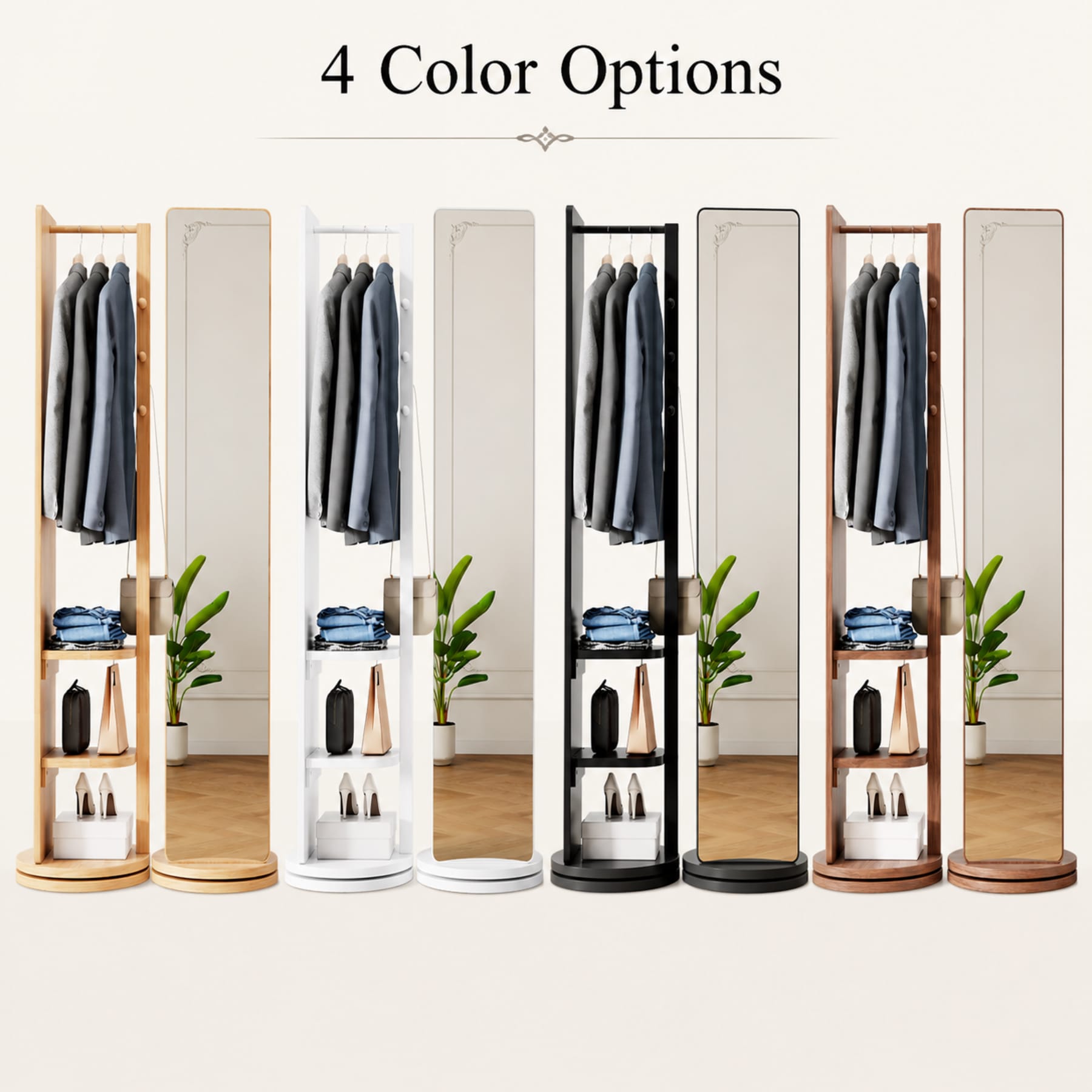 Full-length mirror with coat rack shown in Walnut, Black, White, and Natural Wood color options