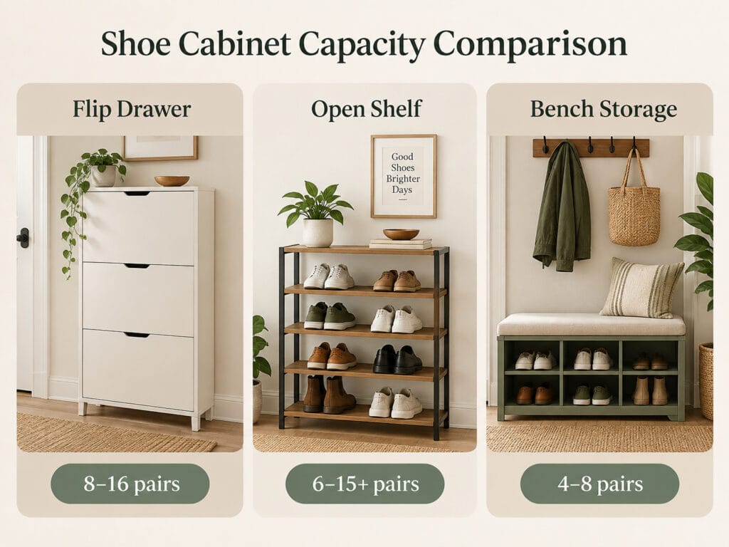 Comparison of shoe cabinet storage capacity for different entryway furniture types