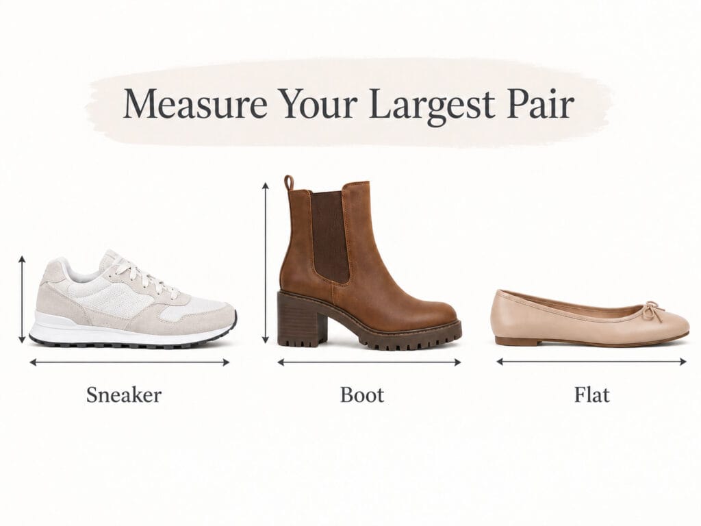 Shoe footprint comparison showing how different footwear affects cabinet capacity