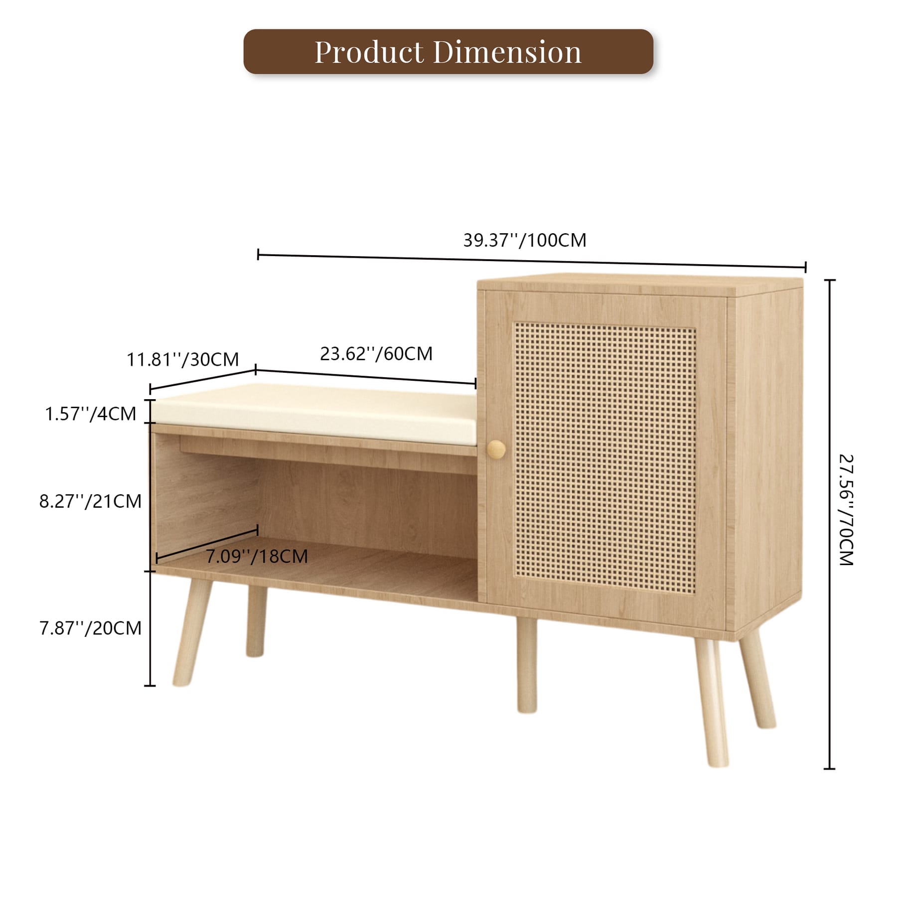 Shoe storage bench with cabinet dimensions showing a slim 11.8-inch depth for entryway use