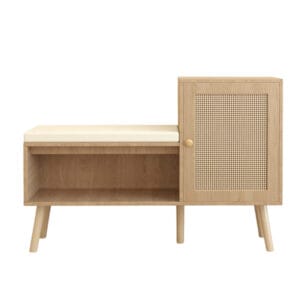 Shoe storage bench with cushioned seat and faux rattan cabinet door on a white background