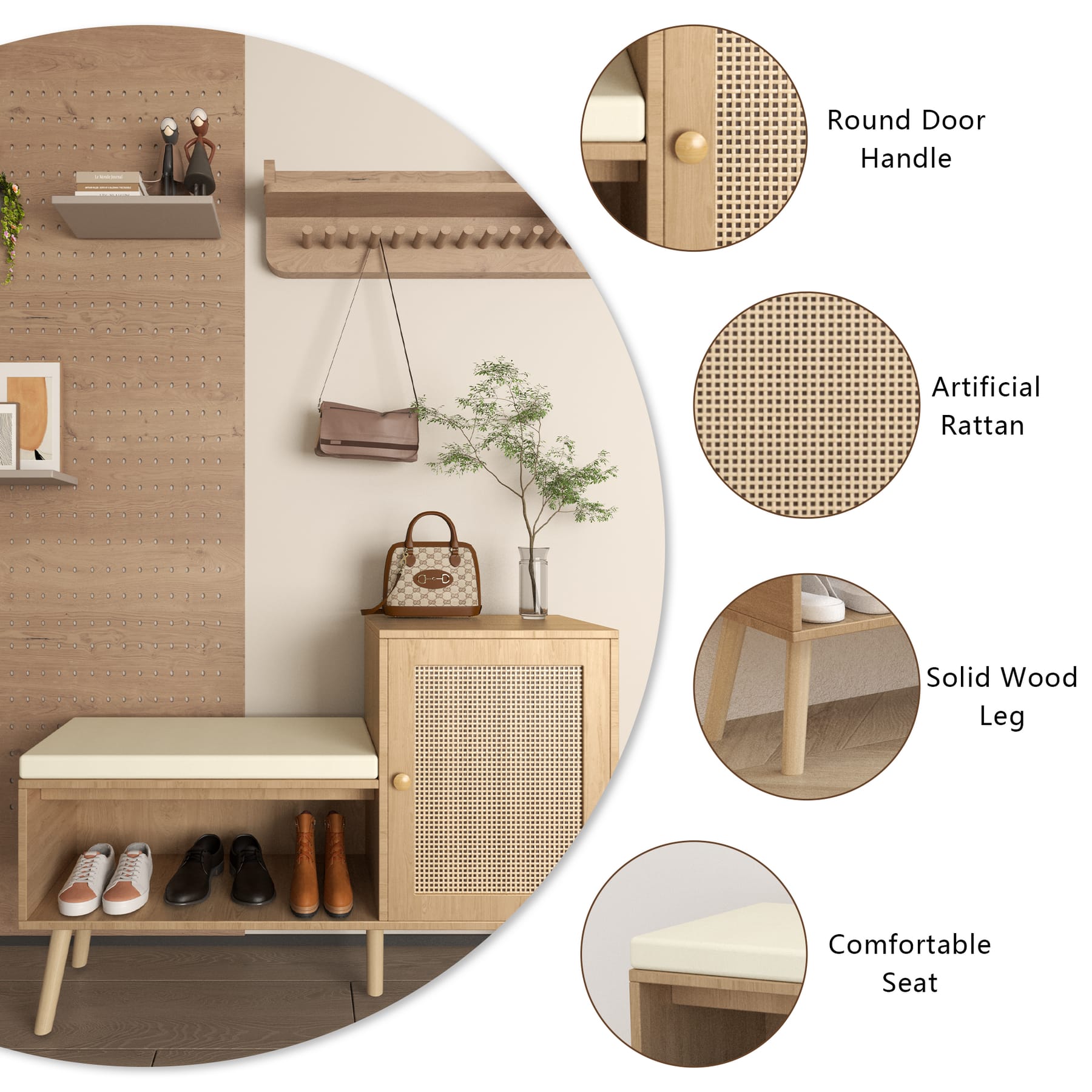Close-up of shoe storage bench with round door handle, faux rattan panel, wood legs, and cushioned seat