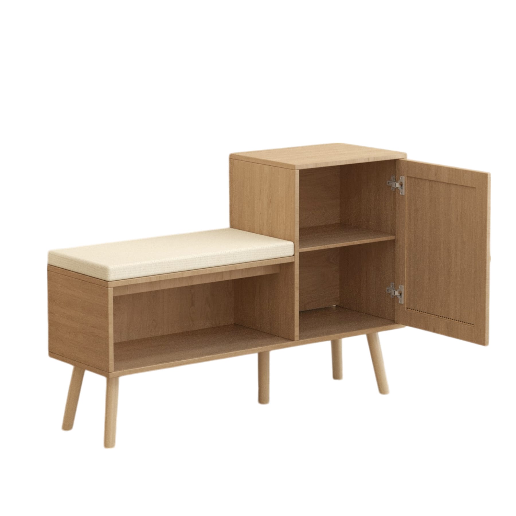 Shoe storage bench with open cabinet door showing interior shelves and cushioned seating