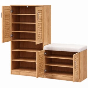 Oak shoe storage cabinet with cushioned bench, louvered doors, and multiple open shelves on a white background