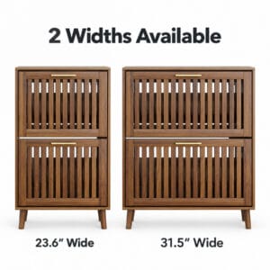 Walnut slim entryway shoe cabinet shown in 23.6-inch and 31.5-inch wide size options
