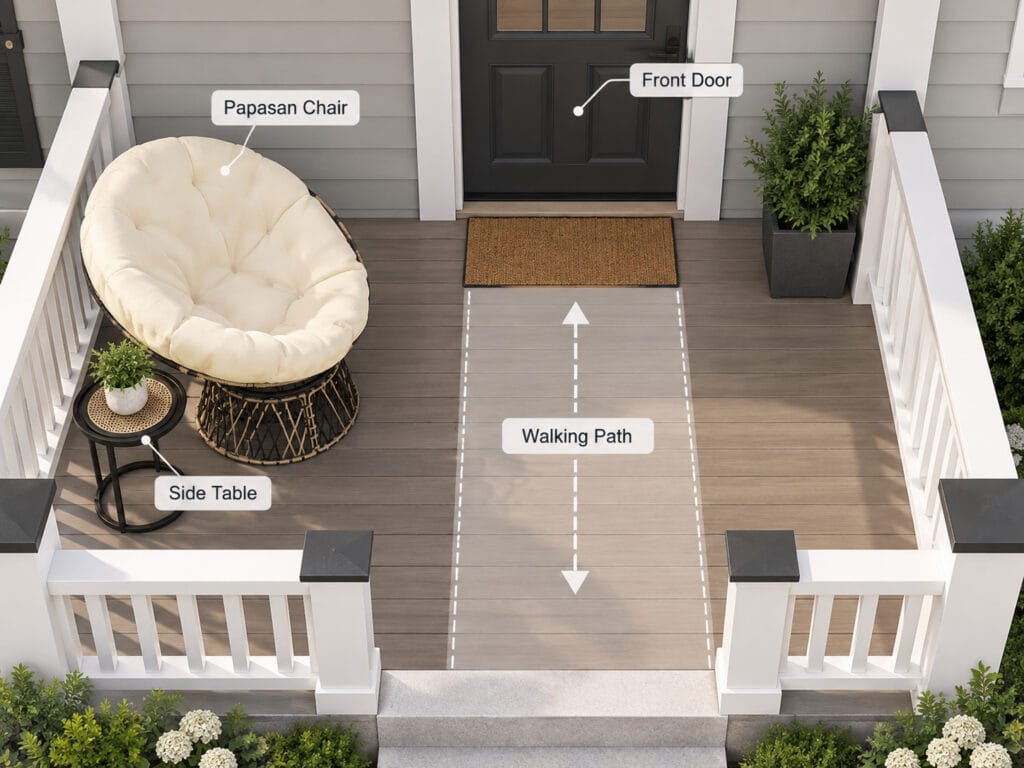 Small front porch layout with swivel papasan chair side table and clear walking path