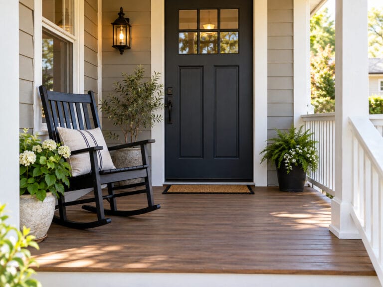 Black outdoor rocking chair on a small front porch with a clear walkway to the front door