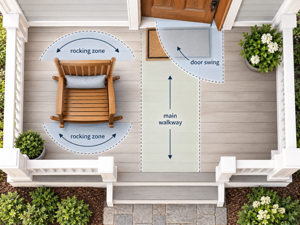 Top-down small front porch layout showing rocking chair clearance, door swing and a clear walkway
