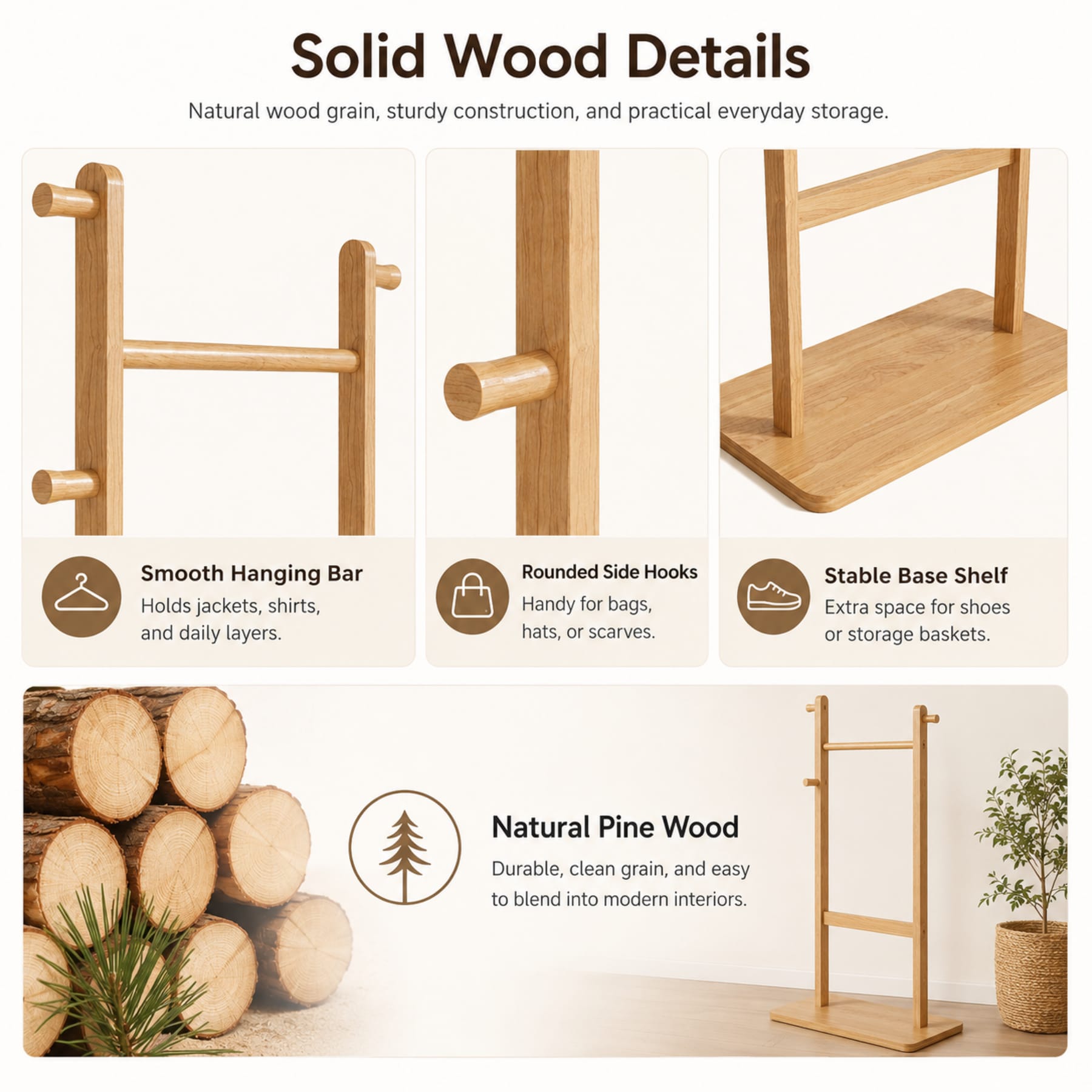 Solid rubberwood freestanding coat rack showing hanging rod, rounded side hooks, and wide base shelf details