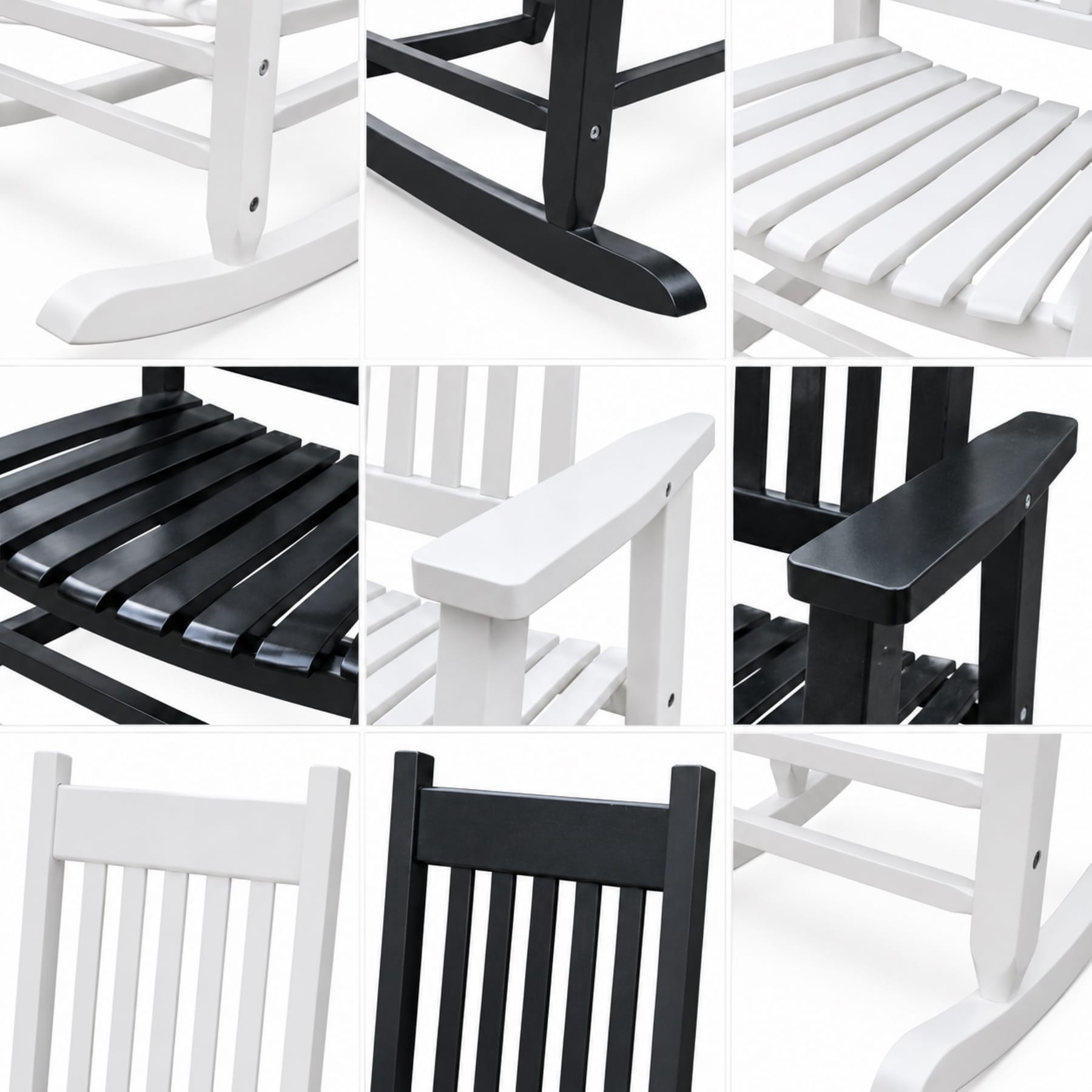 Solid wood porch rocking chair close-up details showing slatted seat, armrests, backrest, support rails, and curved rocker base