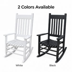 solid-wood-porch-rocking-chair-white-black-options Solid wood porch rocking chair shown in White and Black color options