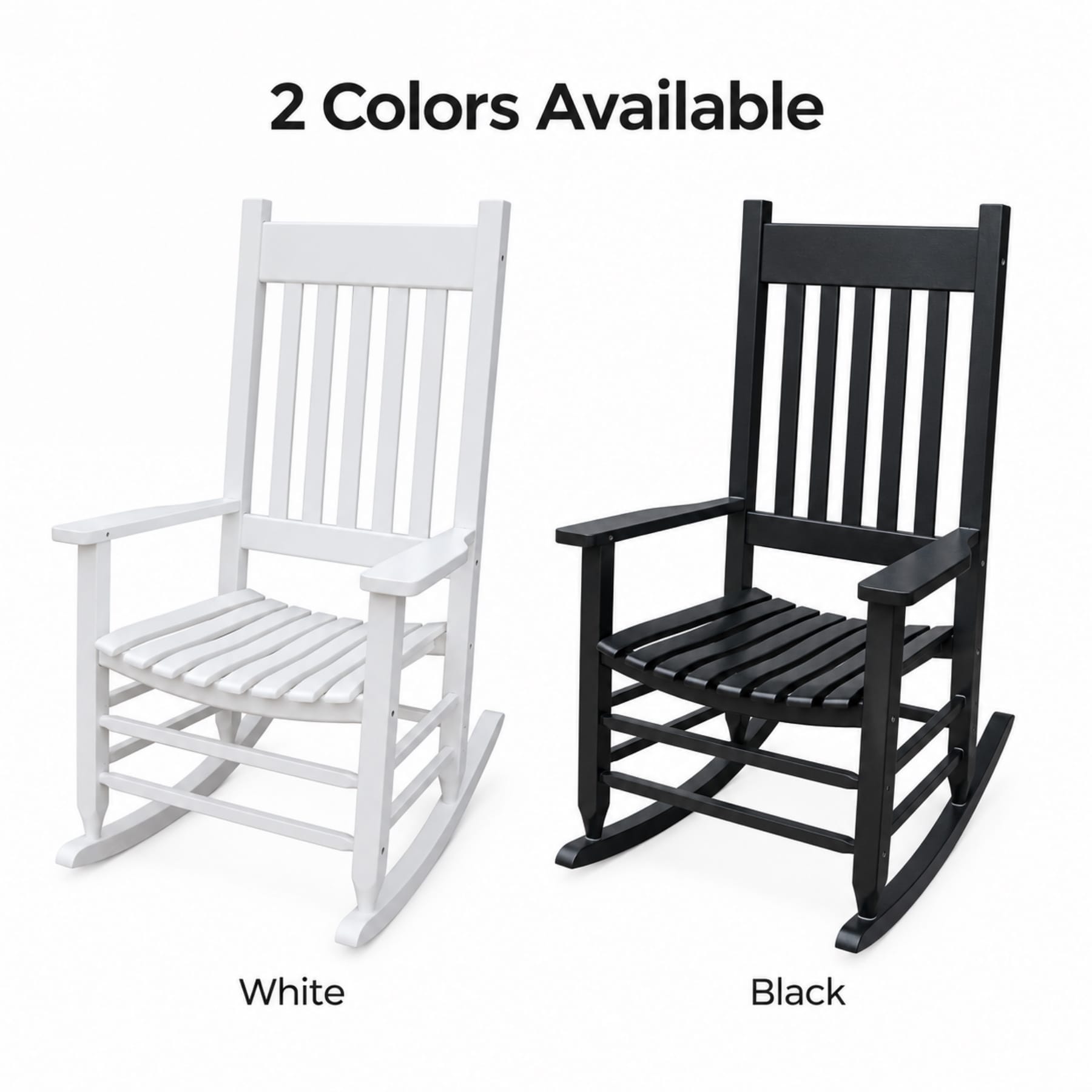 Solid wood porch rocking chair shown in White and Black color options