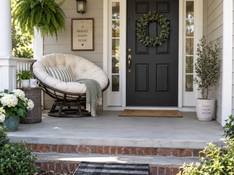 Swivel papasan chair placed on a front porch with clear space around the doorway