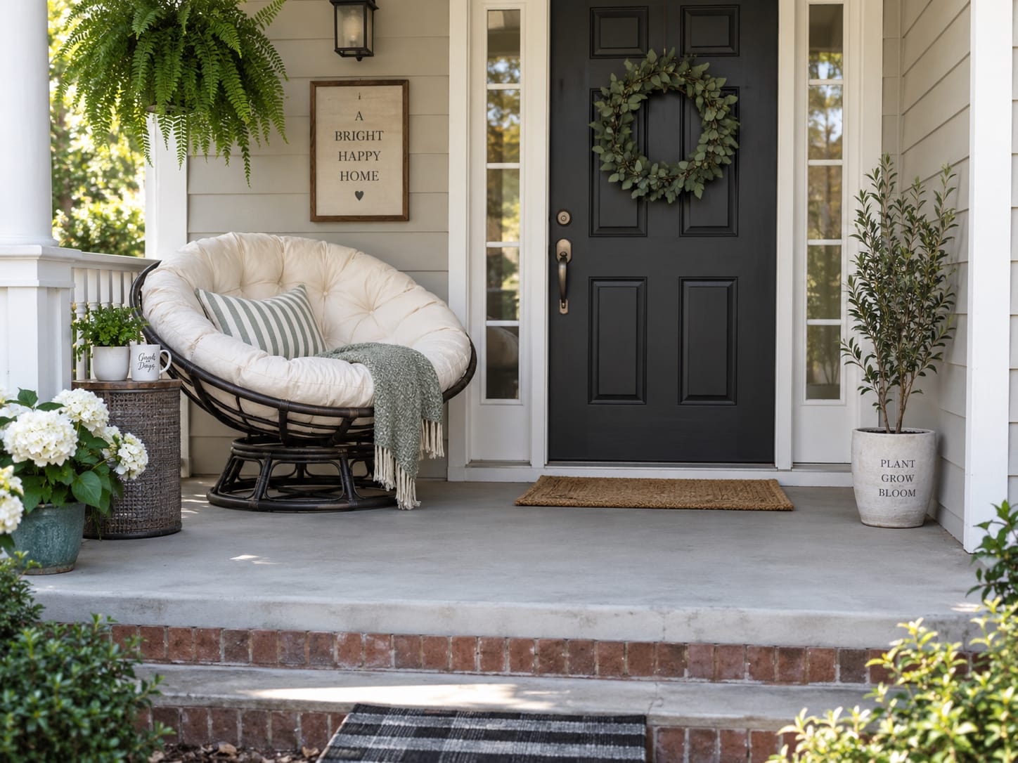 Swivel papasan chair placed on a front porch with clear space around the doorway