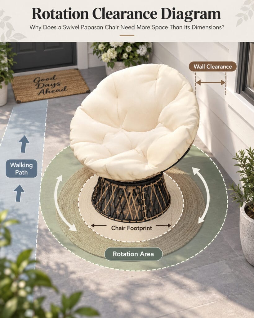 Swivel papasan chair clearance diagram showing chair footprint rotation area wall clearance and walking path