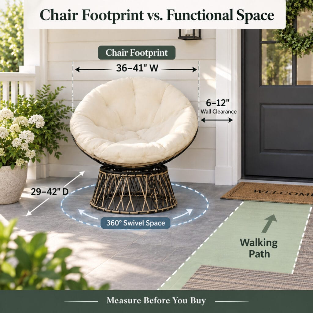 Swivel papasan chair footprint showing chair size and surrounding usable space