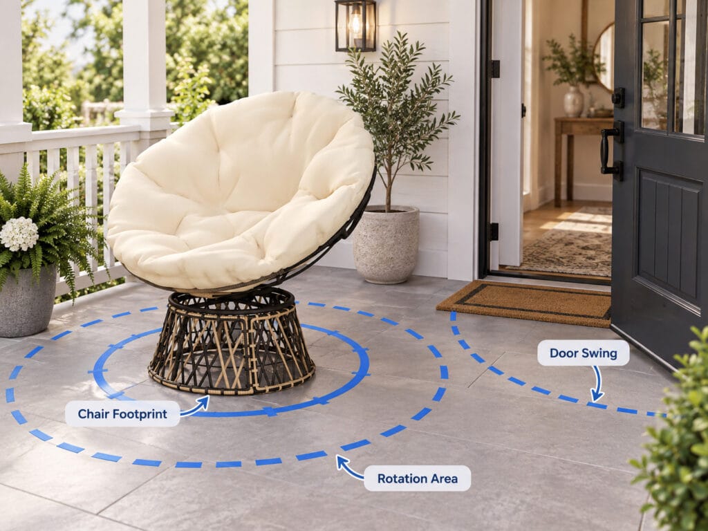 Using painter's tape to test swivel papasan chair footprint and door clearance on a front porch