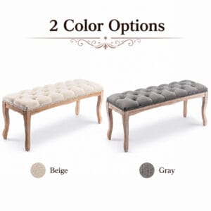 Tufted entryway bench shown in Beige and Gray upholstery color options