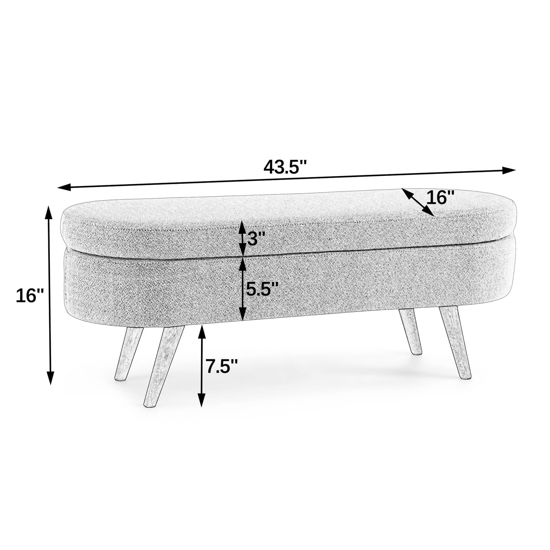 Upholstered storage bench dimensions showing a 43.5-inch width, 16-inch depth, and 16-inch height