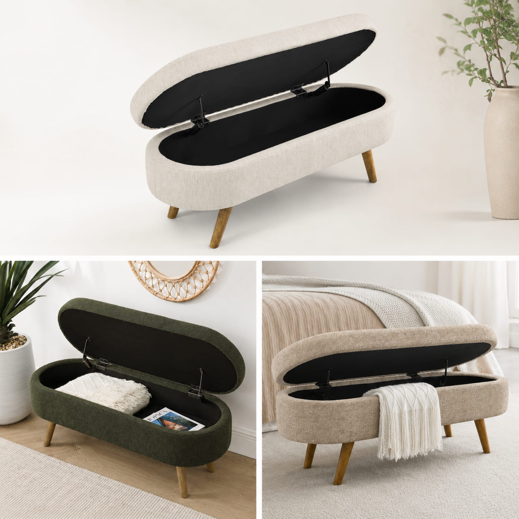 Upholstered storage bench shown open with hidden interior storage in home settings