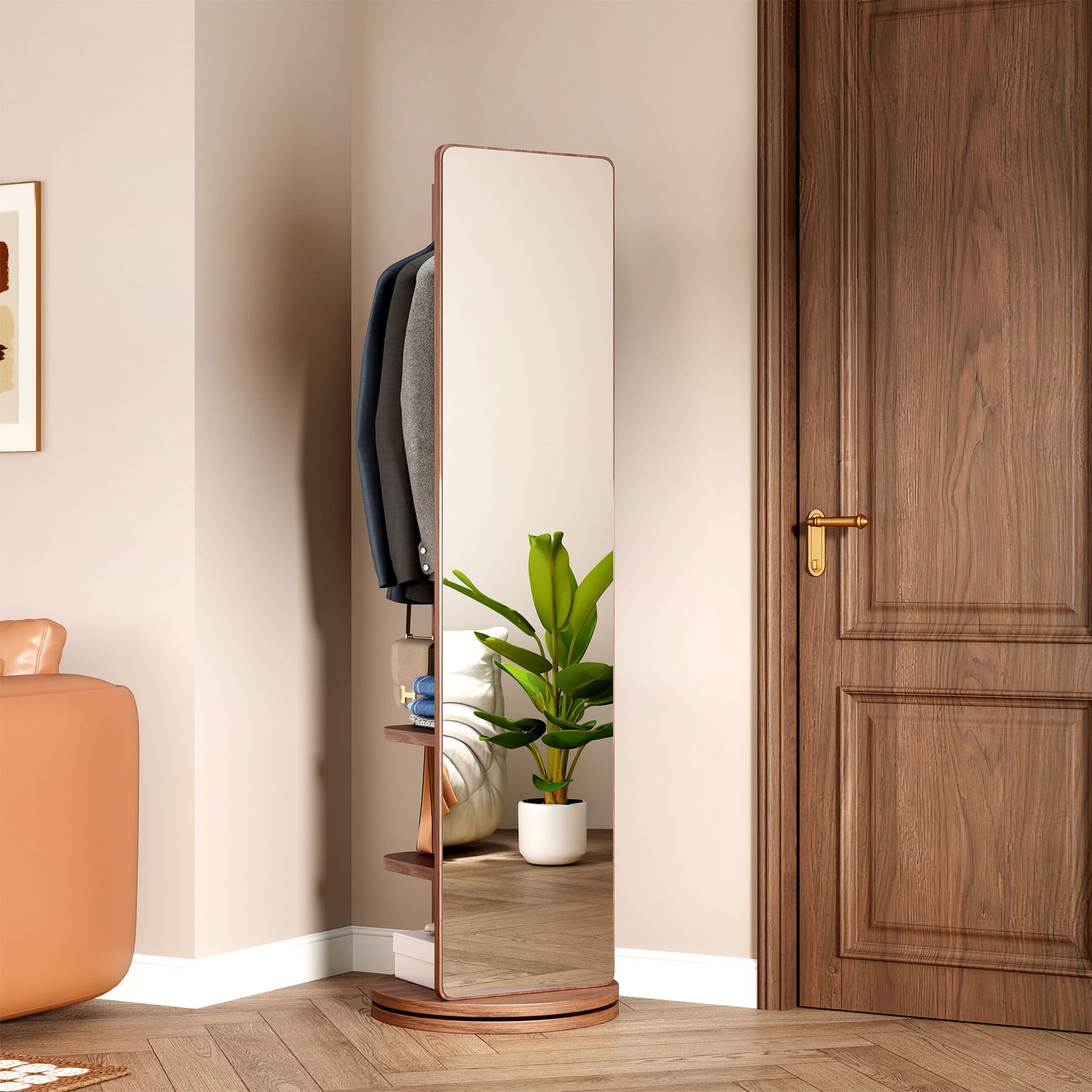 Walnut full-length mirror with coat rack, hooks, hanging rod, and storage shelves in an entryway