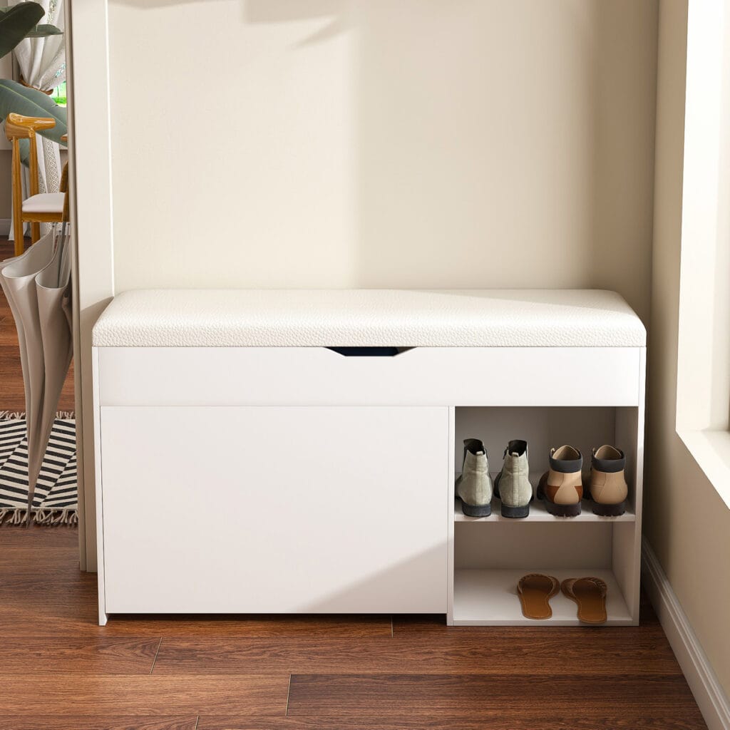 White entryway shoe storage bench with cushioned lift-top seat and concealed shoe organizer