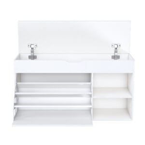 White entryway shoe storage bench with open lift-top compartment and flip-out shoe organizer