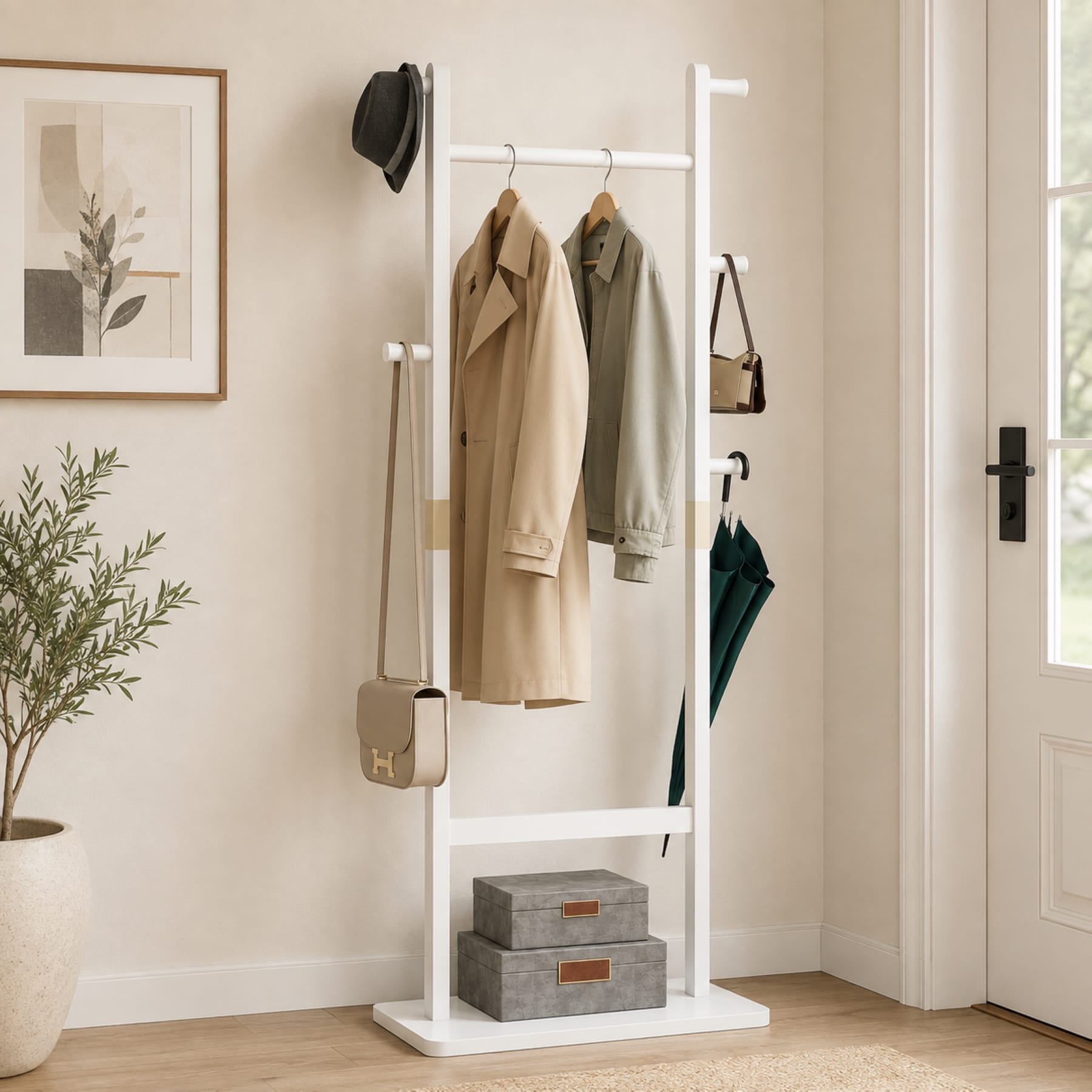 White solid wood freestanding coat rack with hanging rod and side hooks for coats, hats, bags, and entryway accessories
