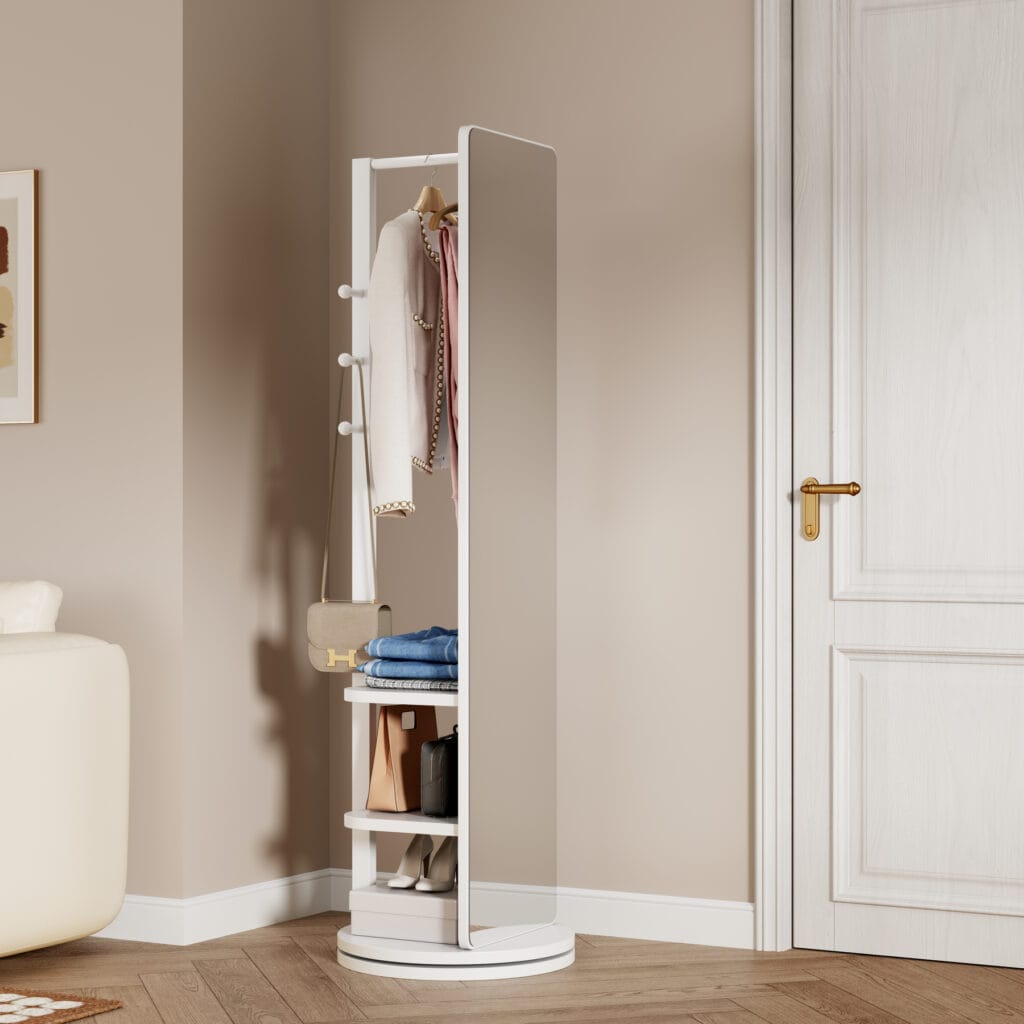 White full-length mirror with coat rack, wood hooks, hanging rod, and storage shelves in an entryway