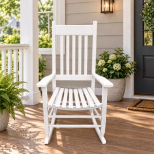 White solid wood porch rocking chair with tall slatted back and wide armrests on a warm front porch