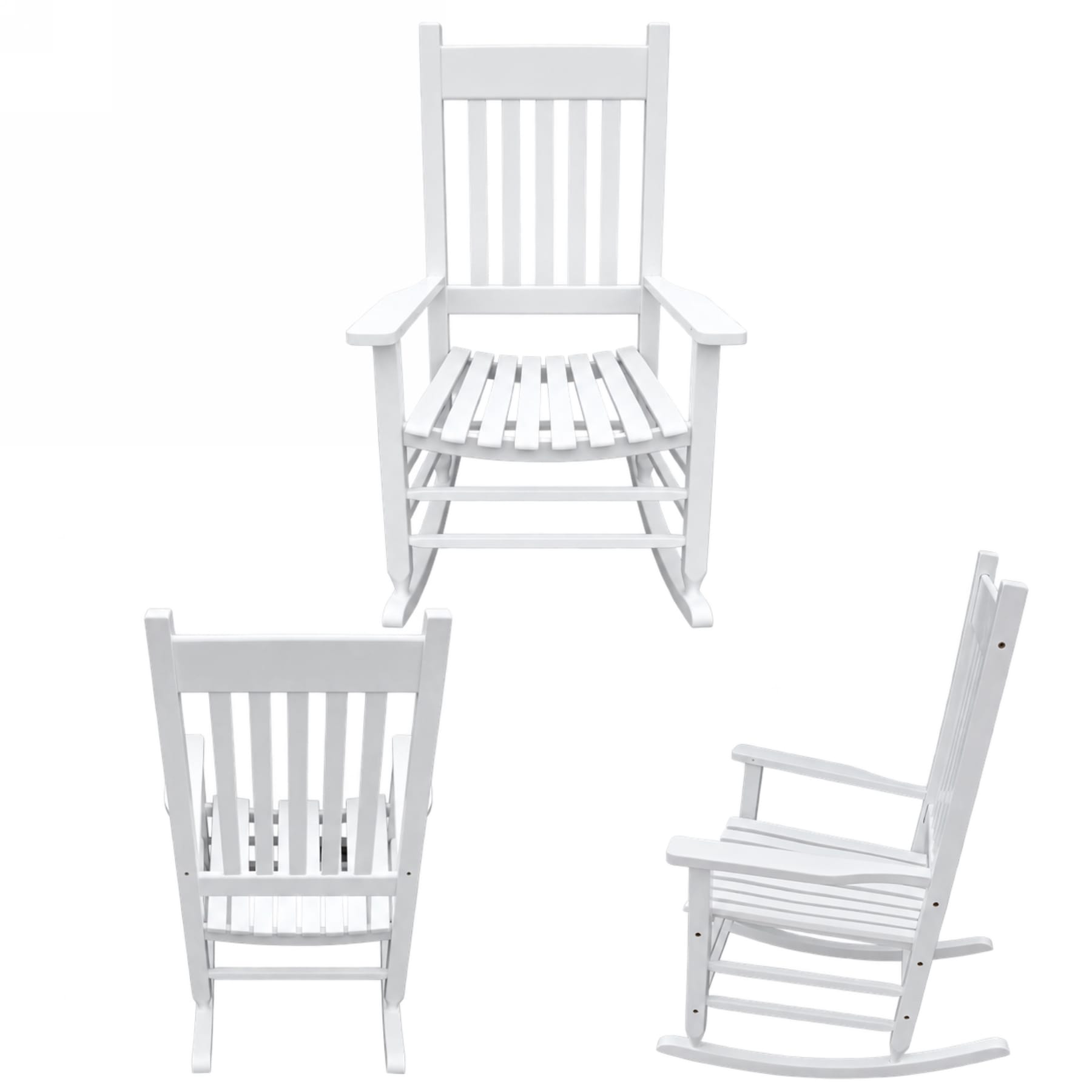 White solid wood porch rocking chair shown from front, back, and side views