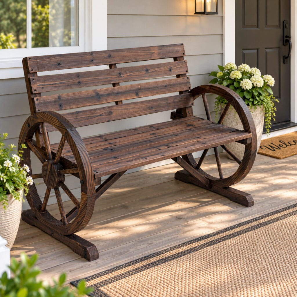 Rustic wooden wagon wheel bench with slatted seat and backrest on a front porch